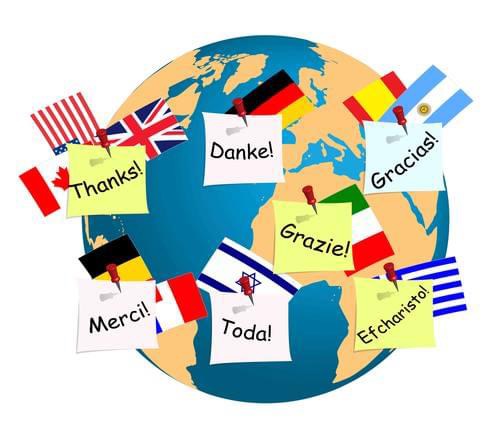 globe with thank you is different languages and flags